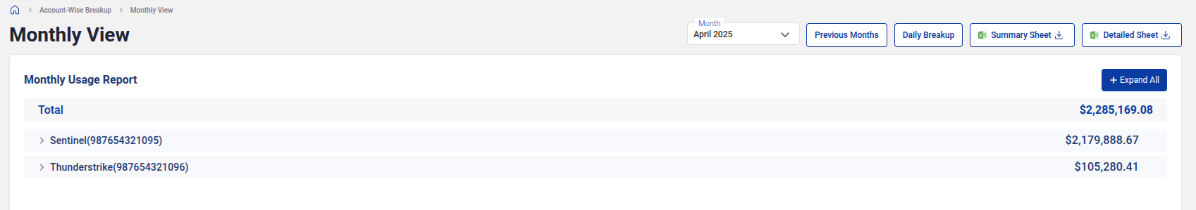 Account-wise cost breakup overview