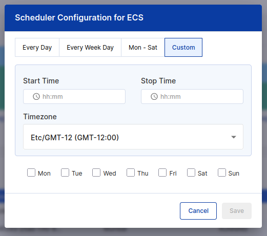 Scheduler configuration modal with time and day selection options