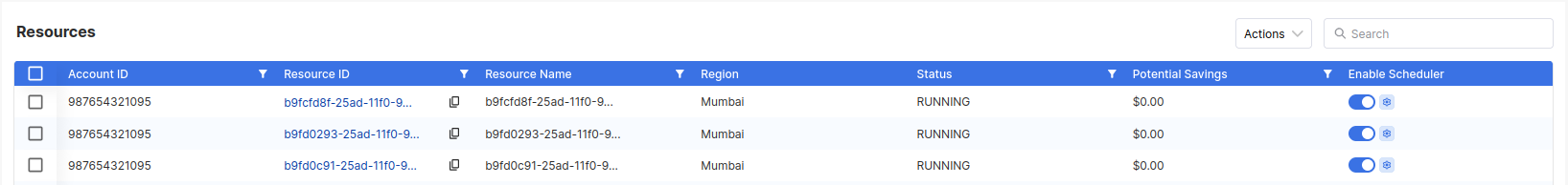 Resource table with scheduler actions like enable, disable, and configure