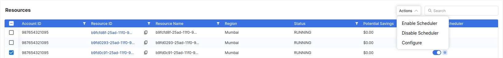 Resource table with scheduler actions like enable, disable, and configure