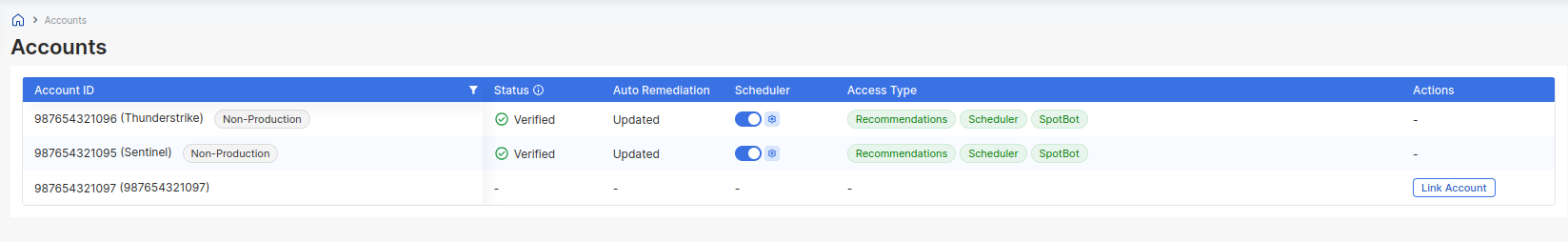 Accounts table showing onboarded accounts, statuses, and feature access types