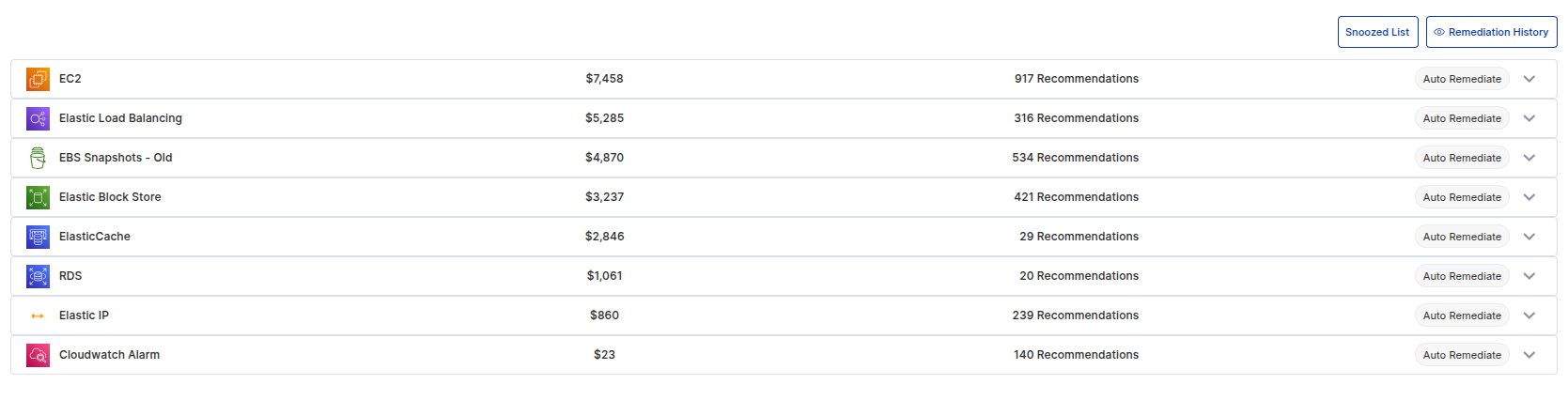 Cleaner recommendations overview showing services with potential savings and recommendation counts