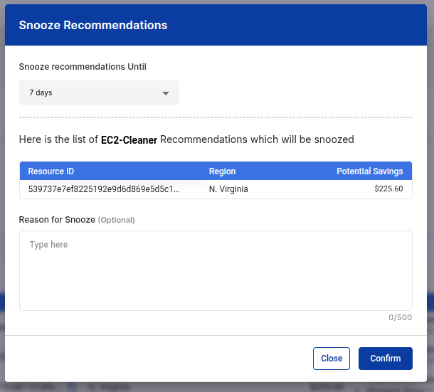 Snoozing an individual EC2 cleaner recommendation